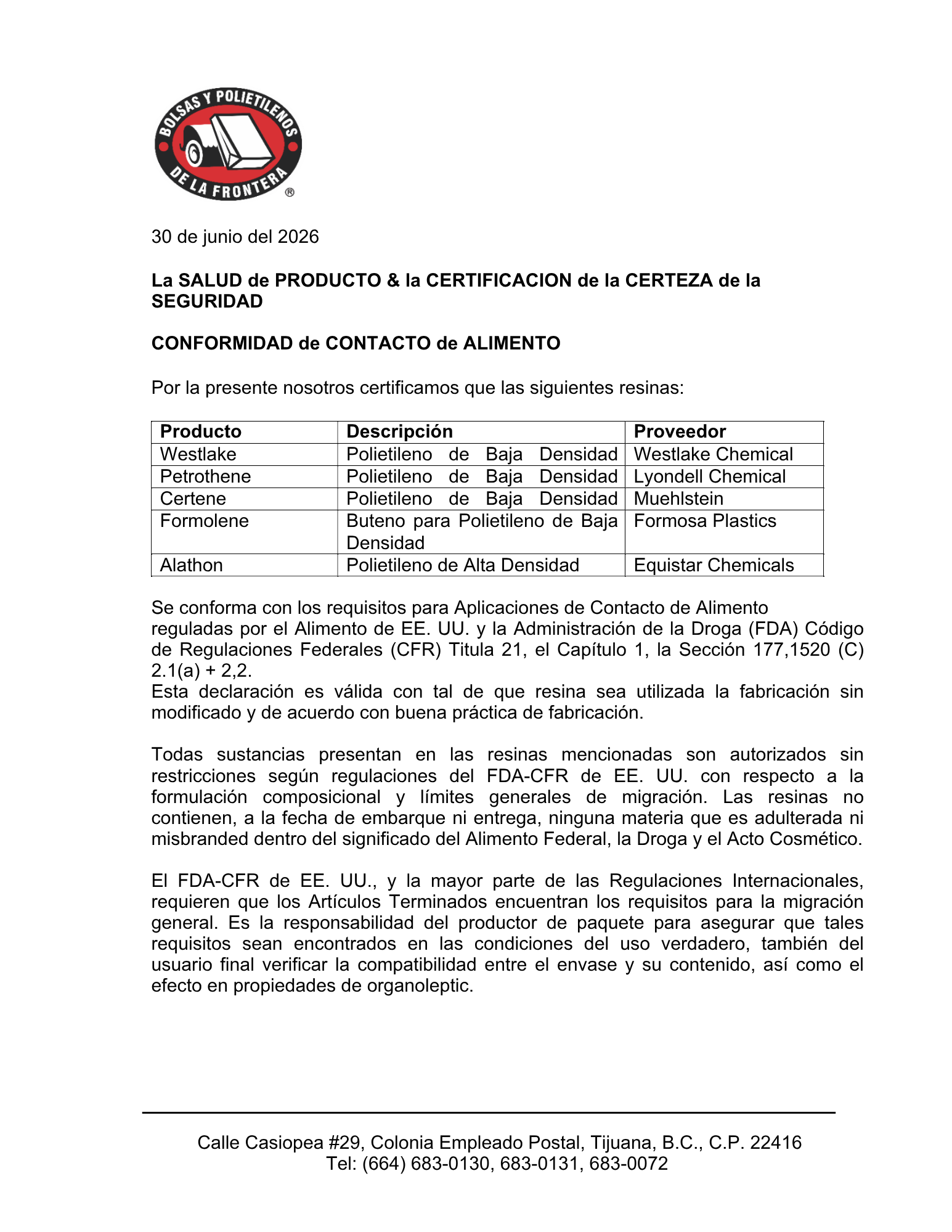 2026 Carta Aprovado por FDA